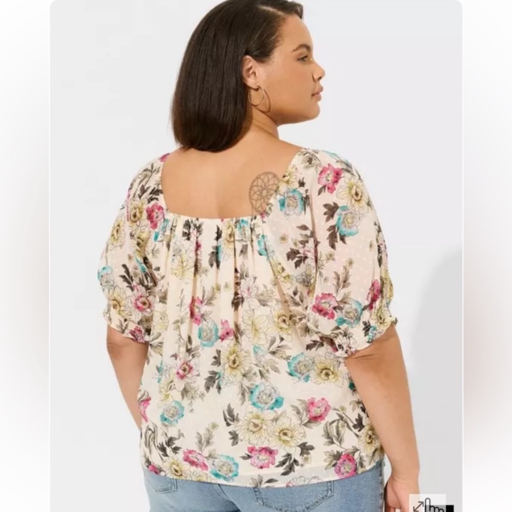 TORRID Floral Kentucky Derby Chiffon Clip‎ Dot Blouson Short Sleeve Blouse - Picture 2 of 8